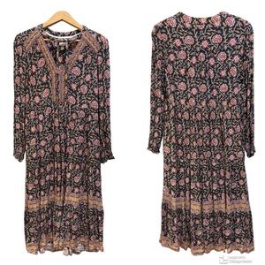 KNOX ROSE Women's Black Floral Long Sleeve Midi Tie Front Dress Medium